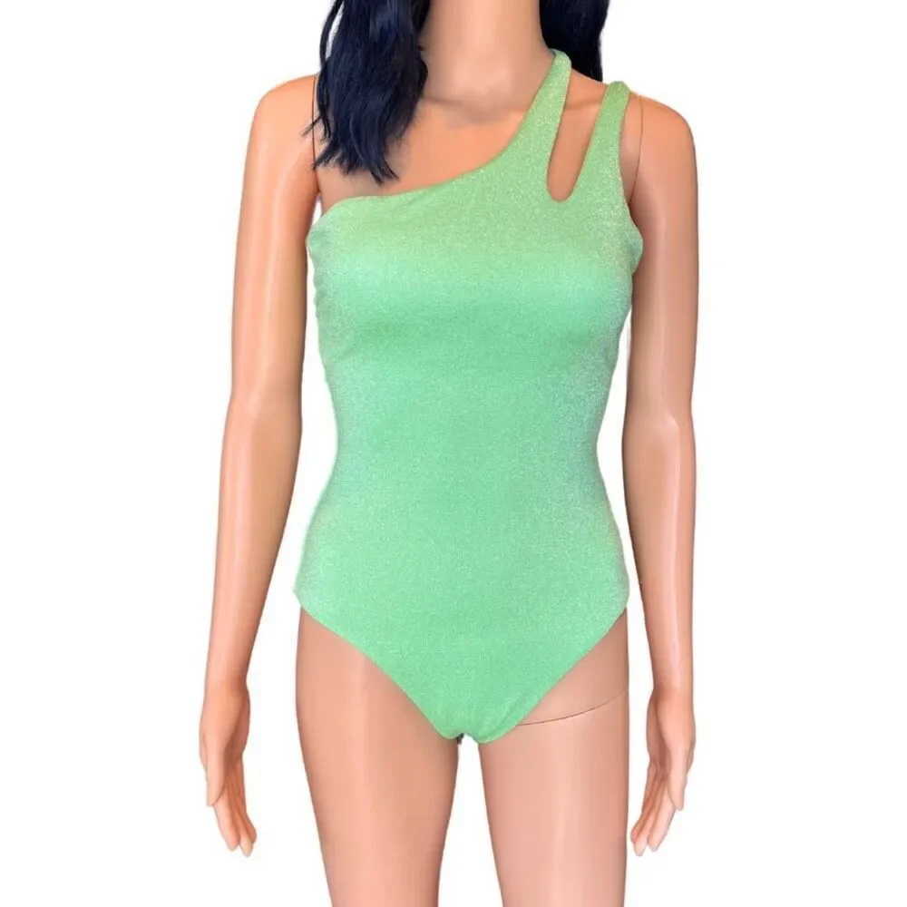 NWT BECCA Glimmer Shoulder One Piece Swimsuit Sparkly Lime Green Cutout Small